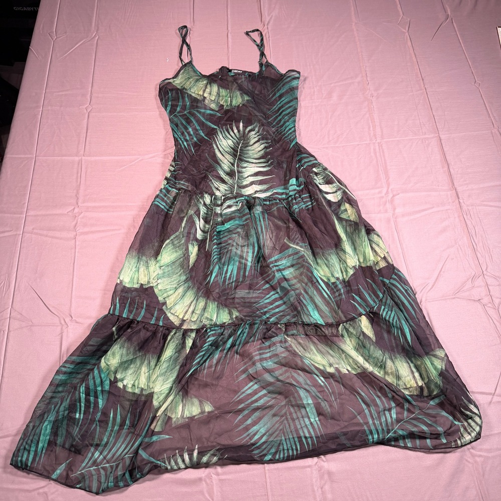 ChicMe Tropical Palm Leaf Print Sheer Maxi Dress Green Black Tiered Summer L